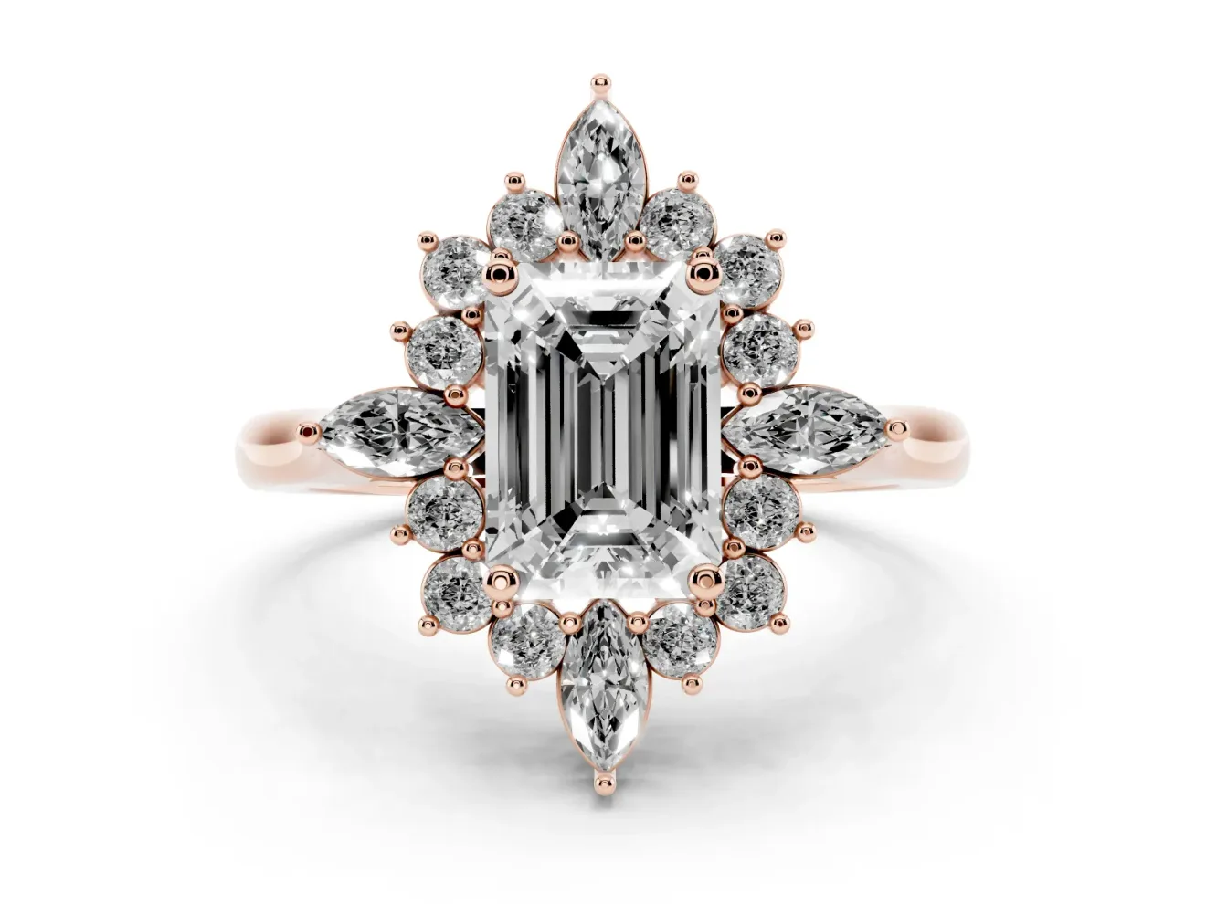 Emerald Cut Cluster Halo Engagement Ring Setting | Rose Gold