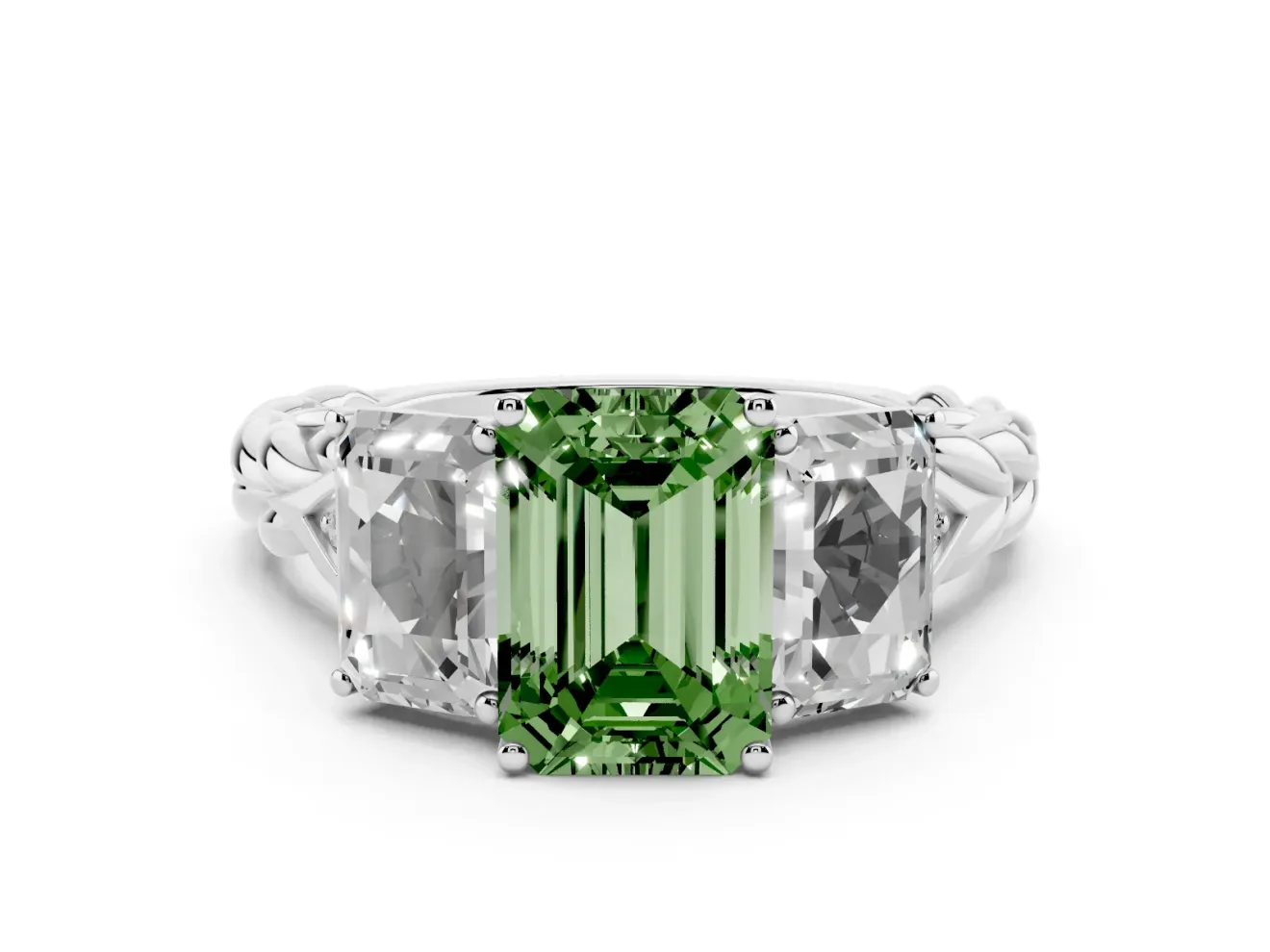 Fancy Green Emerald Cut Diamond Three-Stone Ring Set in Platinum with Braided Band