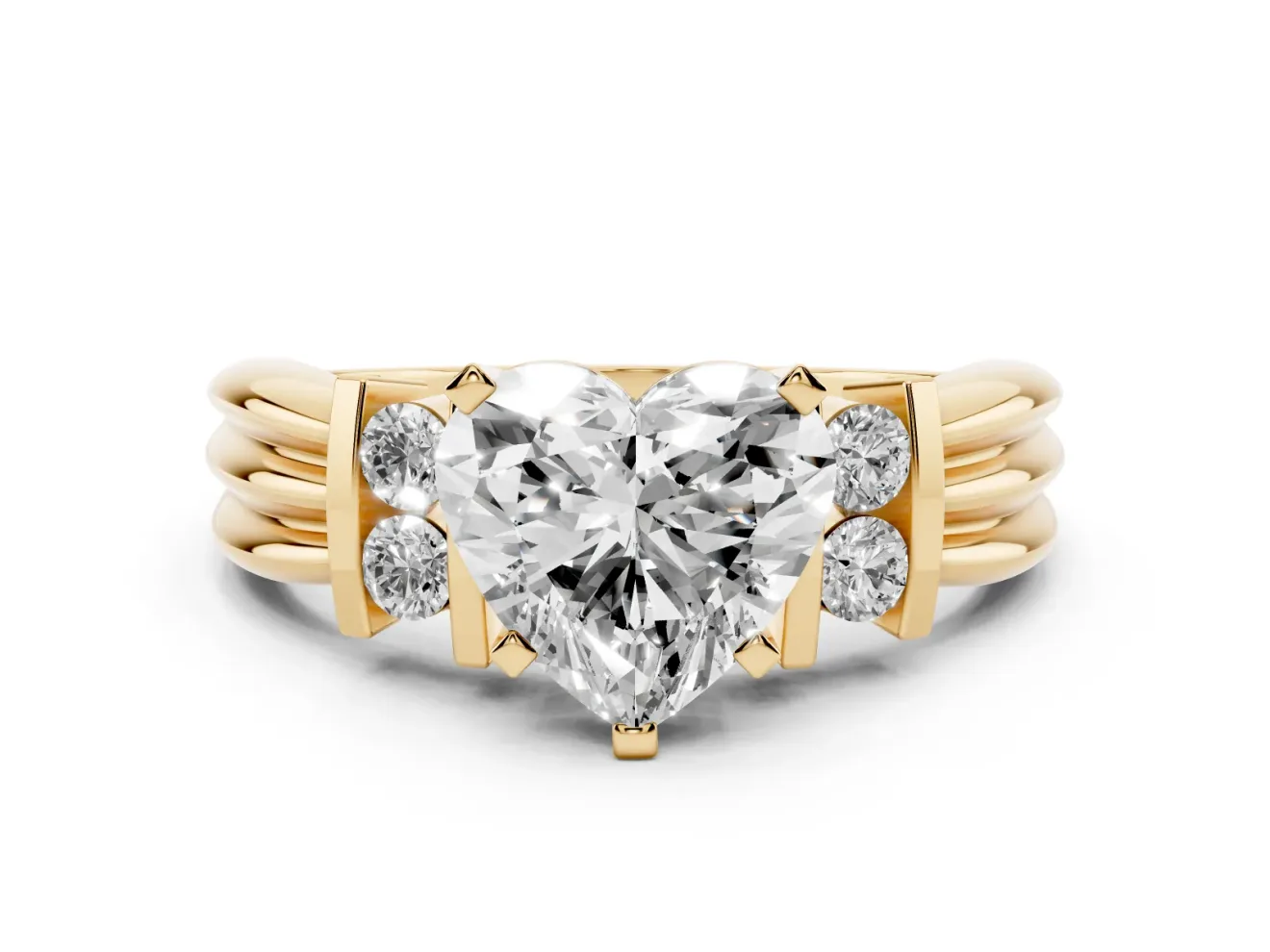 Three-Stone Heart Cut Diamond Channel Set Ring Set in Yellow gold with Bar Prongs
