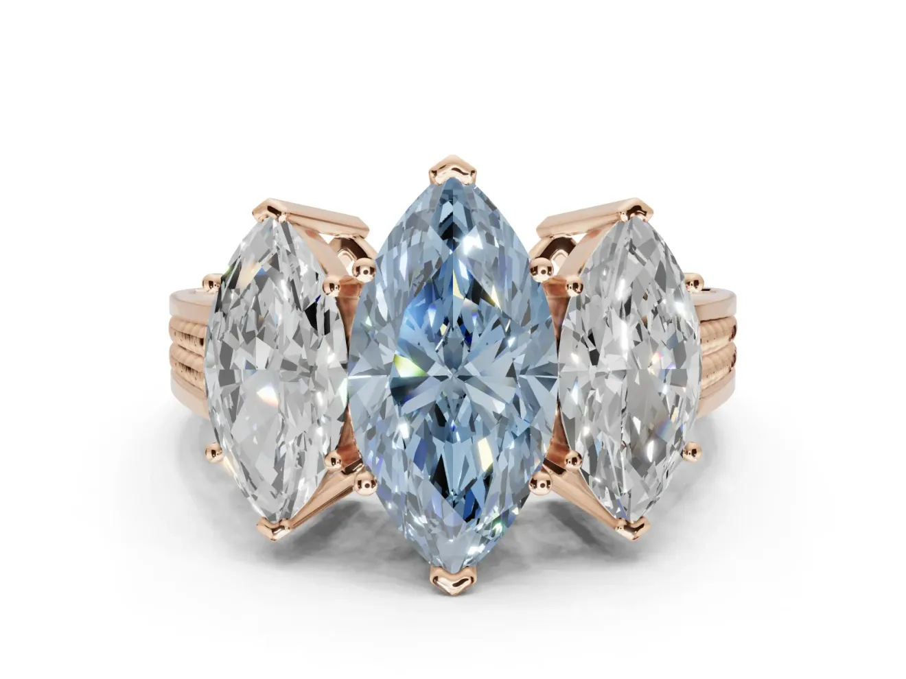 Marquise Three Stone Engagement Ring Setting for a Fancy Blue Lab-Grown Diamond | Beaded Shoulders | Rose Gold