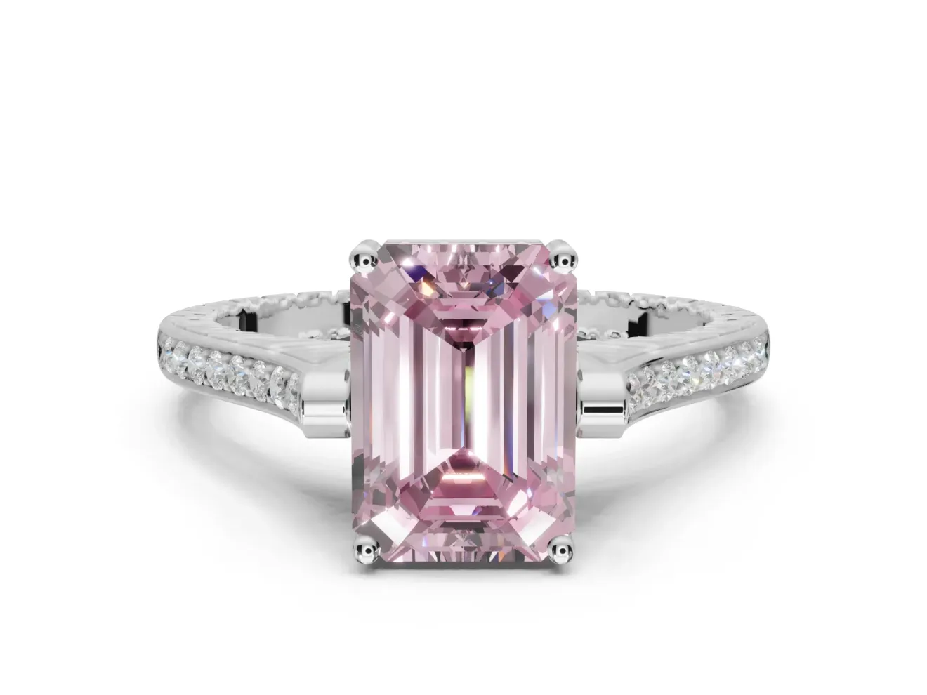 Emerald Cut Vintage Cathedral Engagement Ring Setting for a Fancy Pink Lab-Grown Diamond | Carved Band | Platinum