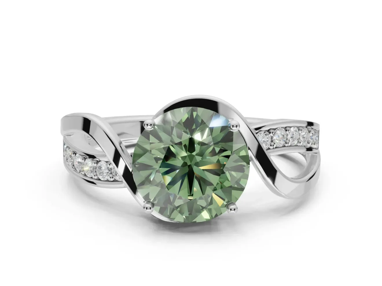 Round Bypass Solitaire Engagement Ring Setting for a Fancy Green Lab-Grown Diamond | Pavé and Plain Strands | Platinum