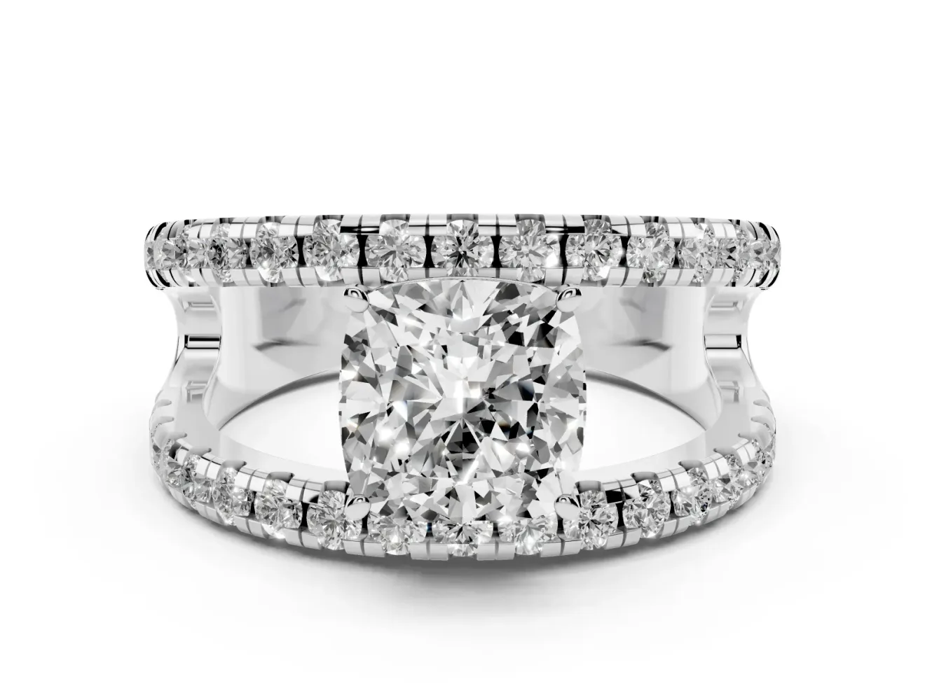 Cushion Cut Wide Open Split Shank Engagement Ring Setting | Pavé Strands | Sterling Silver