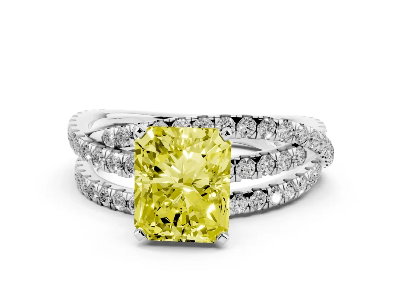Fancy Yellow Radiant Cut Diamond Solitaire Twist Band Ring Set in White gold with Pavé Setting and Prong Head