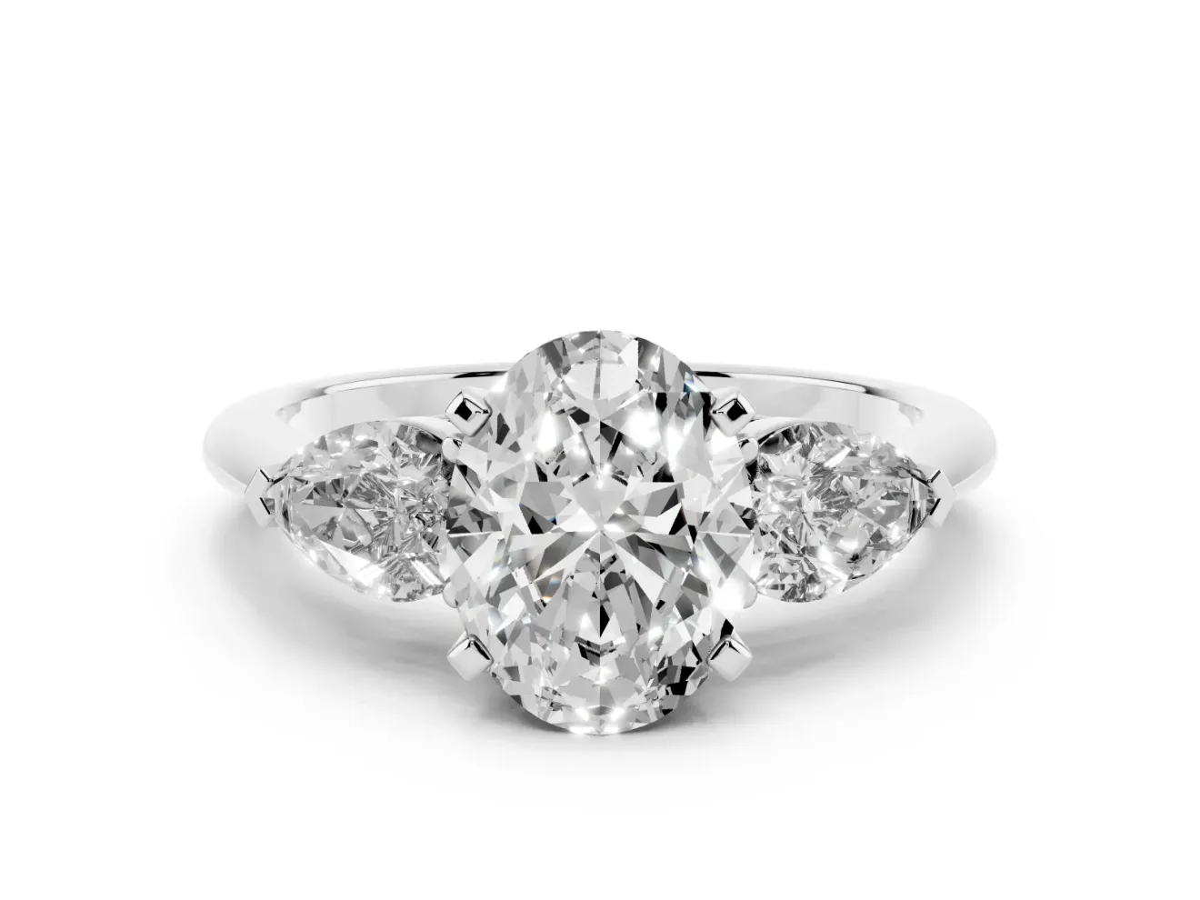 Oval Three-Stone Engagement Ring Setting | Pear Side Stones | Sterling Silver
