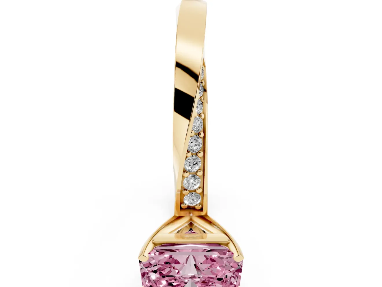 Fancy Pink Radiant Cut Diamond Engagement Ring Set in Yellow gold with Side Stone Accents and Prong Setting