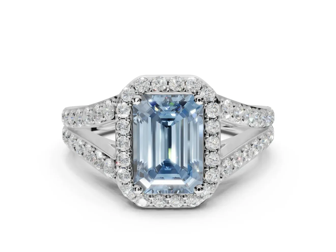 Emerald Cut Halo Pavé Engagement Ring Setting for a Fancy Blue Lab-Grown Diamond | Narrow Split Shank | Sterling Silver