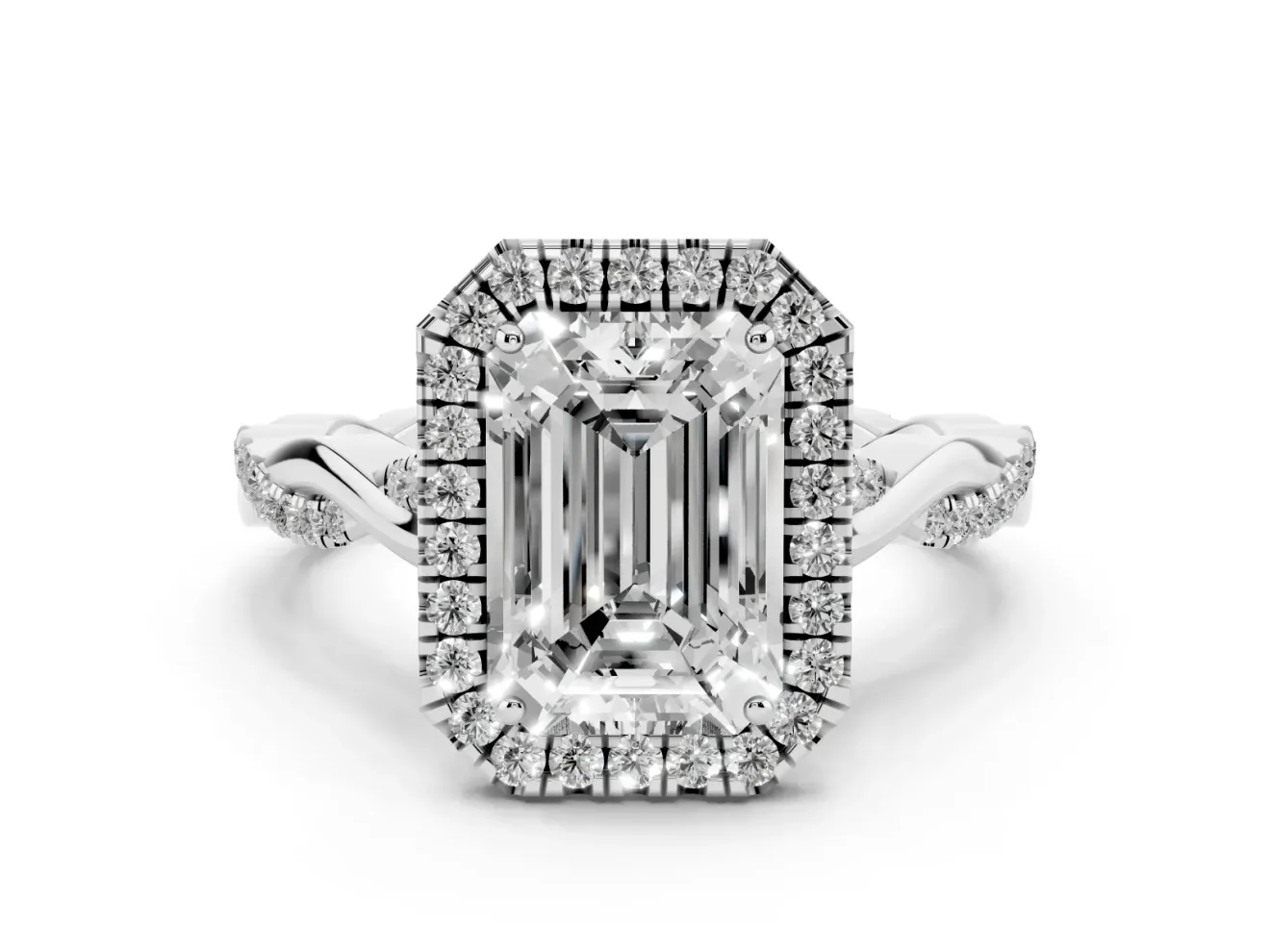 Emerald Cut Halo Engagement Ring Setting | Pavé Twist Band | Sterling Silver