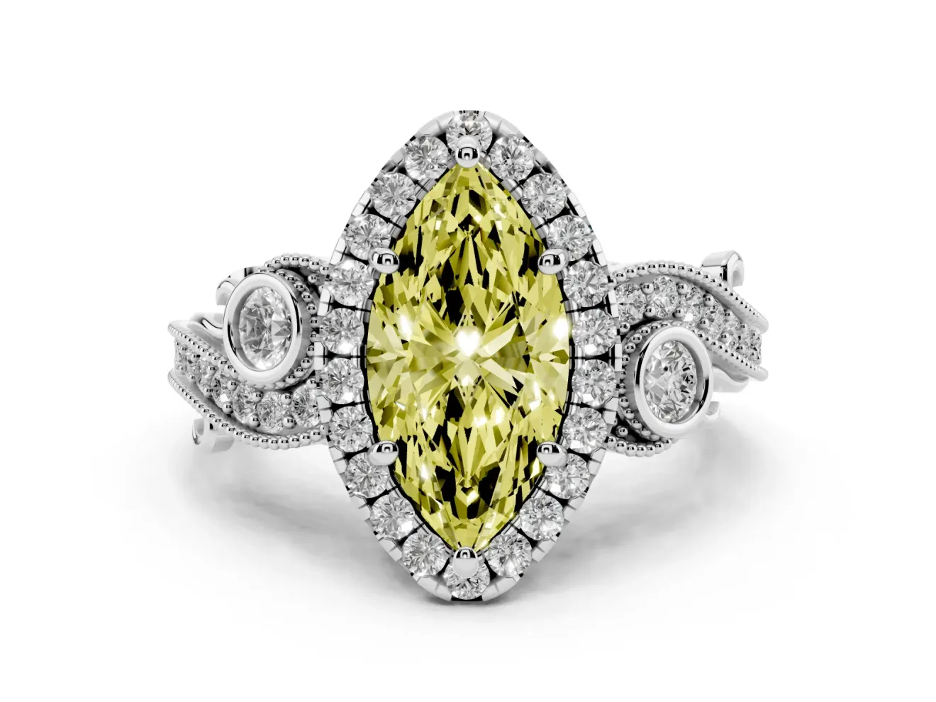 Fancy Yellow Marquise Cut Diamond Halo Ring Set in Silver with Milgrain Pavé Band and Prong Setting