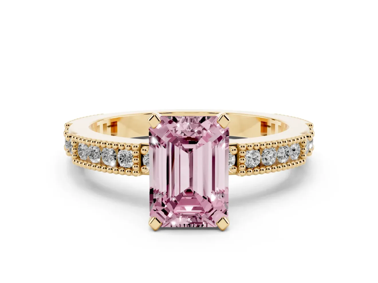 Fancy Pink Emerald Cut Diamond Solitaire Ring Set in Yellow gold with Slim Pavé Band and Prong Setting