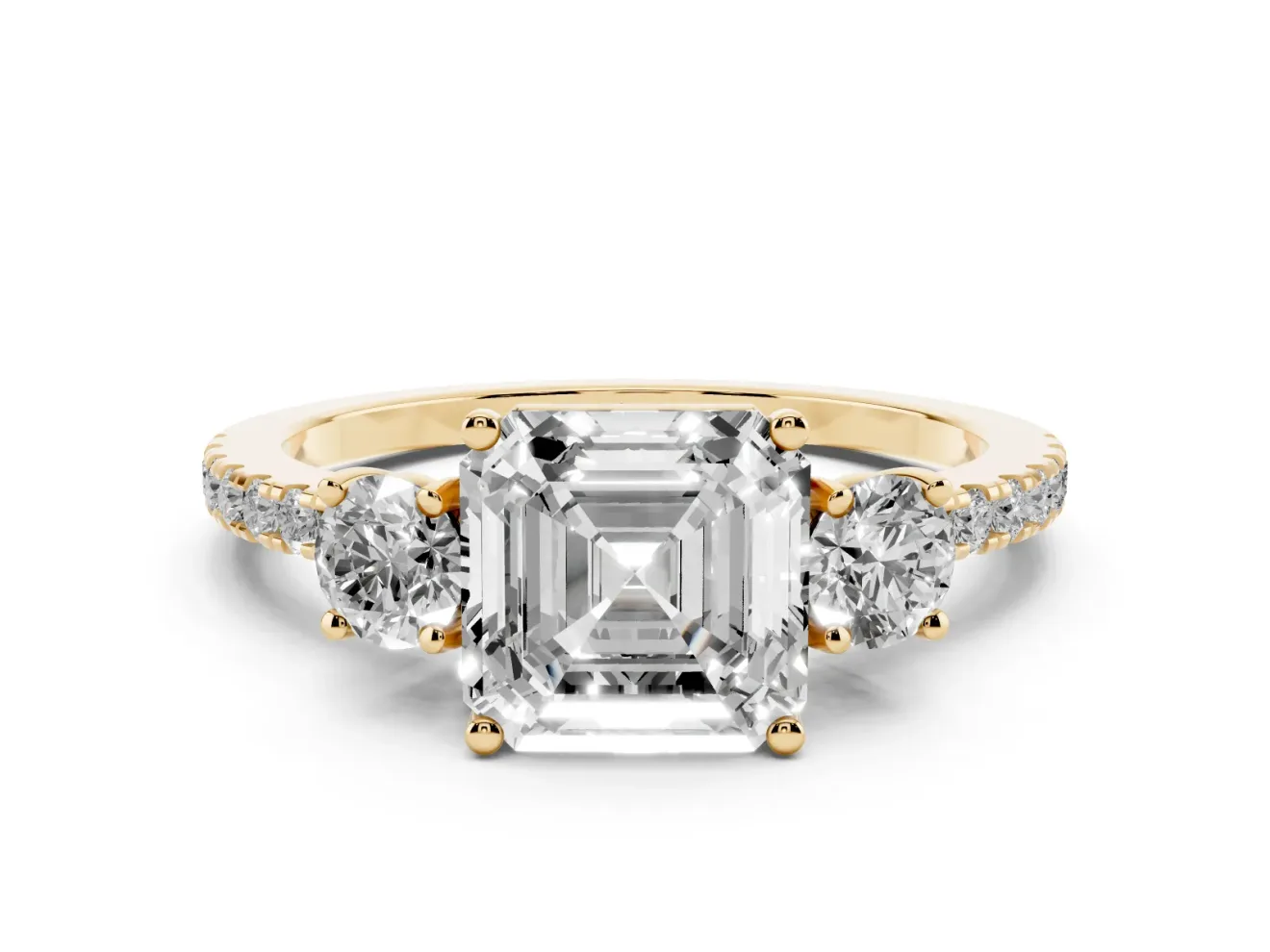 Asscher Cut Three Stone Engagement Ring Setting | Pave Shoulders | Yellow Gold