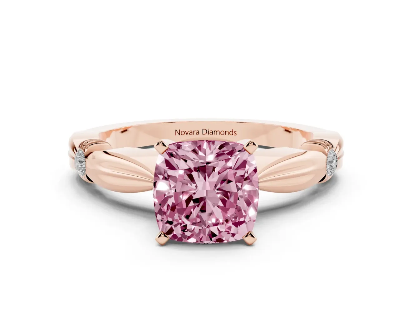 Fancy Pink Cushion Cut Diamond Solitaire Twisted Band Ring Set in Rose gold with Accent Stones and Prong Setting