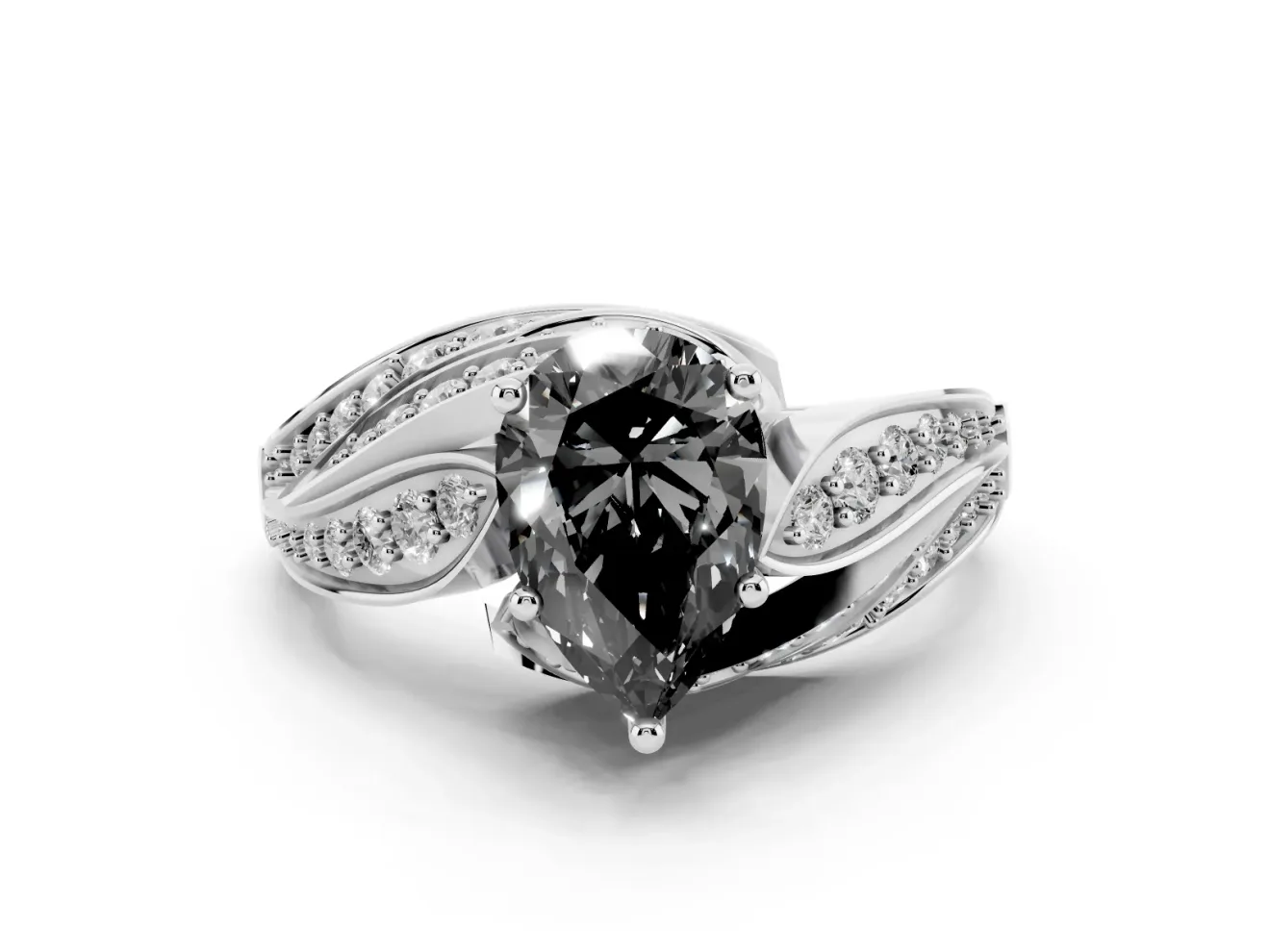 Fancy Black Pear Cut Diamond Solitaire Ring Set in Platinum with Layered Twist Pavé Band