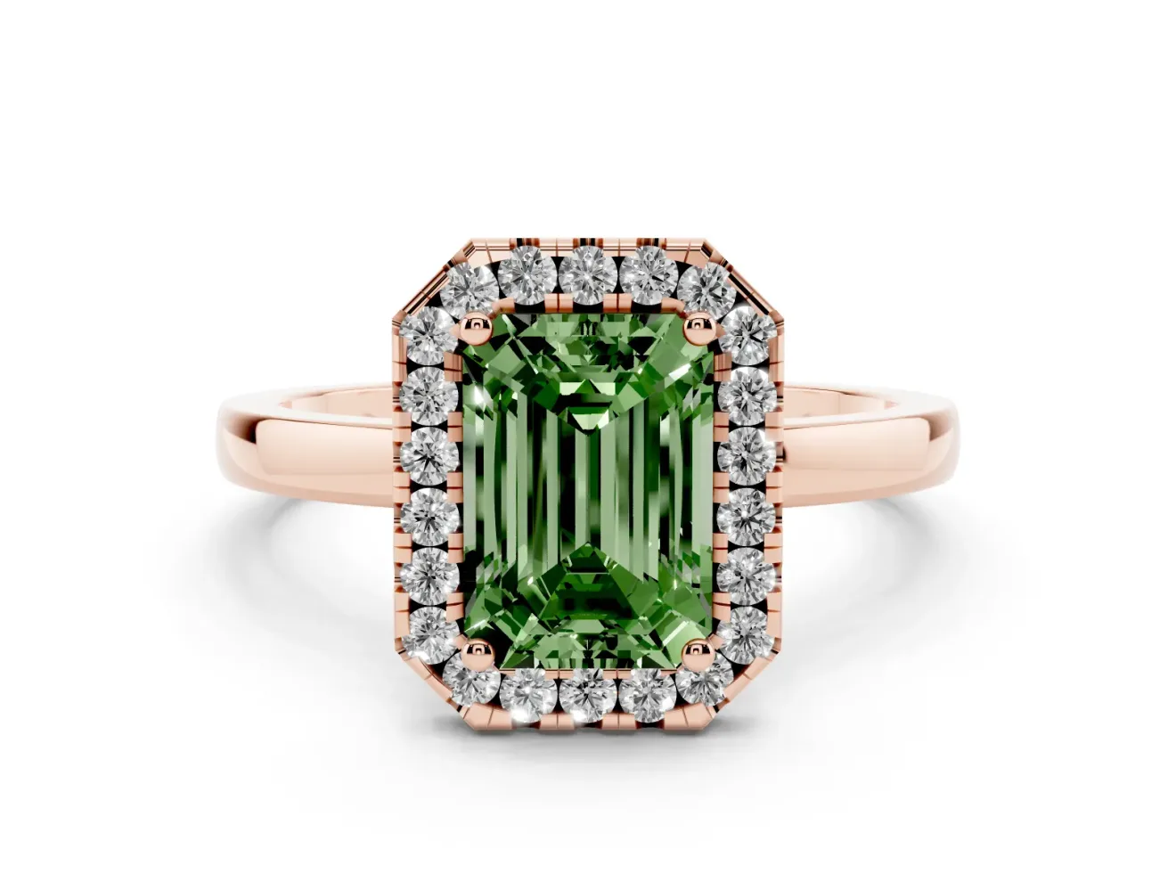 Emerald Cut Thin Halo Engagement Ring Setting for a Fancy Green Lab-Grown Diamond | Plain Polished Band | Rose Gold