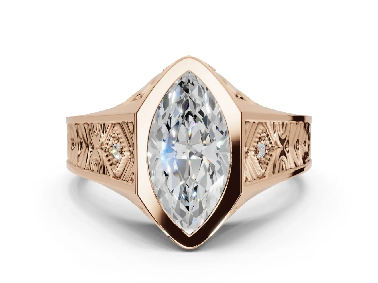 Marquise Vintage Bezel Engagement Ring Setting | Engraved Band | Rose Gold