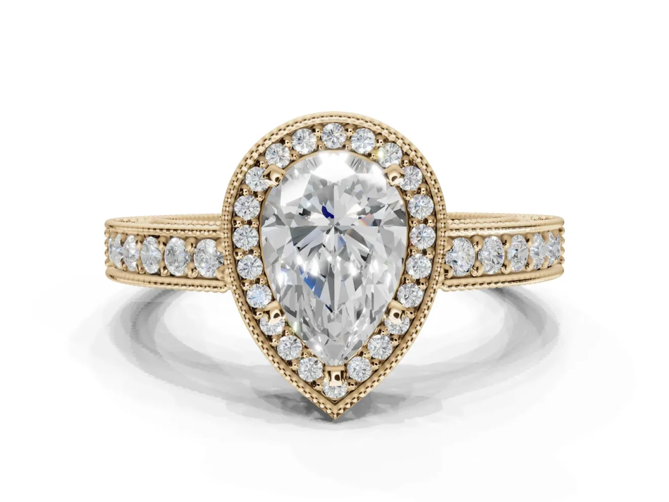 Pear-Shaped Vintage Milgrain Halo Engagement Ring Setting | Wide Pavé Band | Yellow Gold