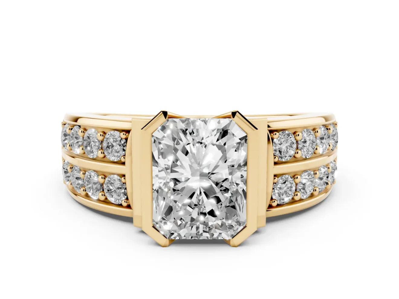 Radiant Cut Half Bezel Engagement Ring Setting | Double Row Channel Band | Yellow Gold