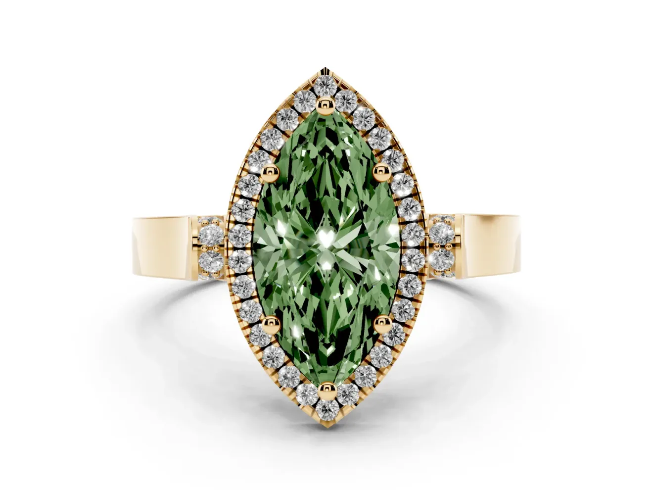 Marquise Halo Engagement Ring Setting for a Fancy Green Lab-Grown Diamond | Pavé Panel Shoulders | Yellow Gold