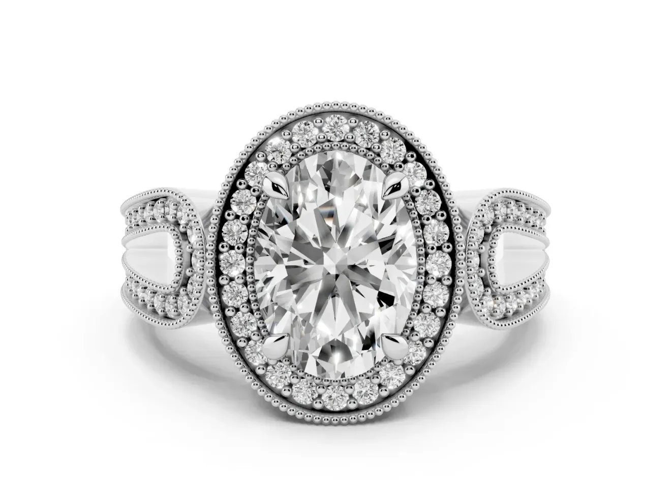 Oval Vintage Milgrain Halo Engagement Ring Setting | Open Loop Pave Shoulders | Sterling Silver