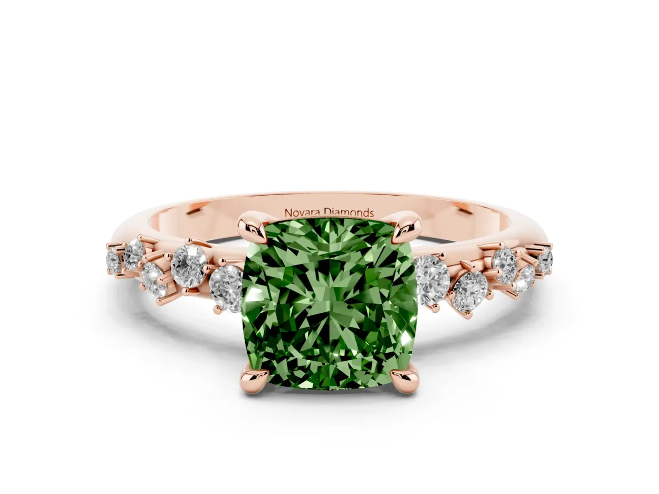 Cushion Cut Graduated Accent Engagement Ring Setting for a Fancy Green Lab-Grown Diamond | Rose Gold