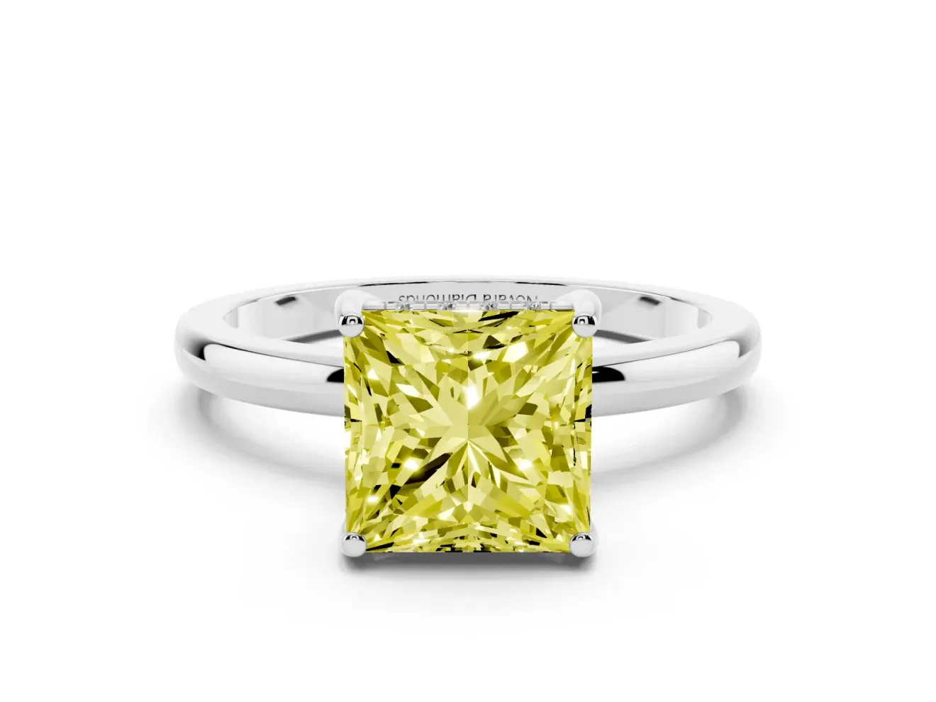 Fancy Yellow Princess Cut Diamond Solitaire Ring Set in White gold with Plain Band and Prong Setting