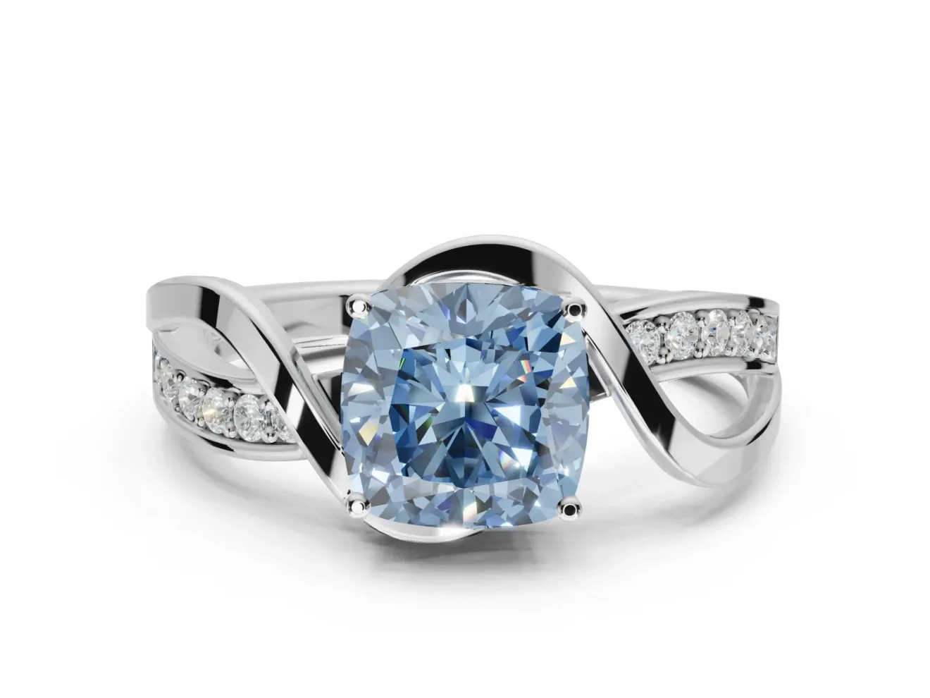 Cushion Cut Bypass Solitaire Engagement Ring Setting for a Fancy Blue Lab-Grown Diamond | Pavé Strands | Platinum
