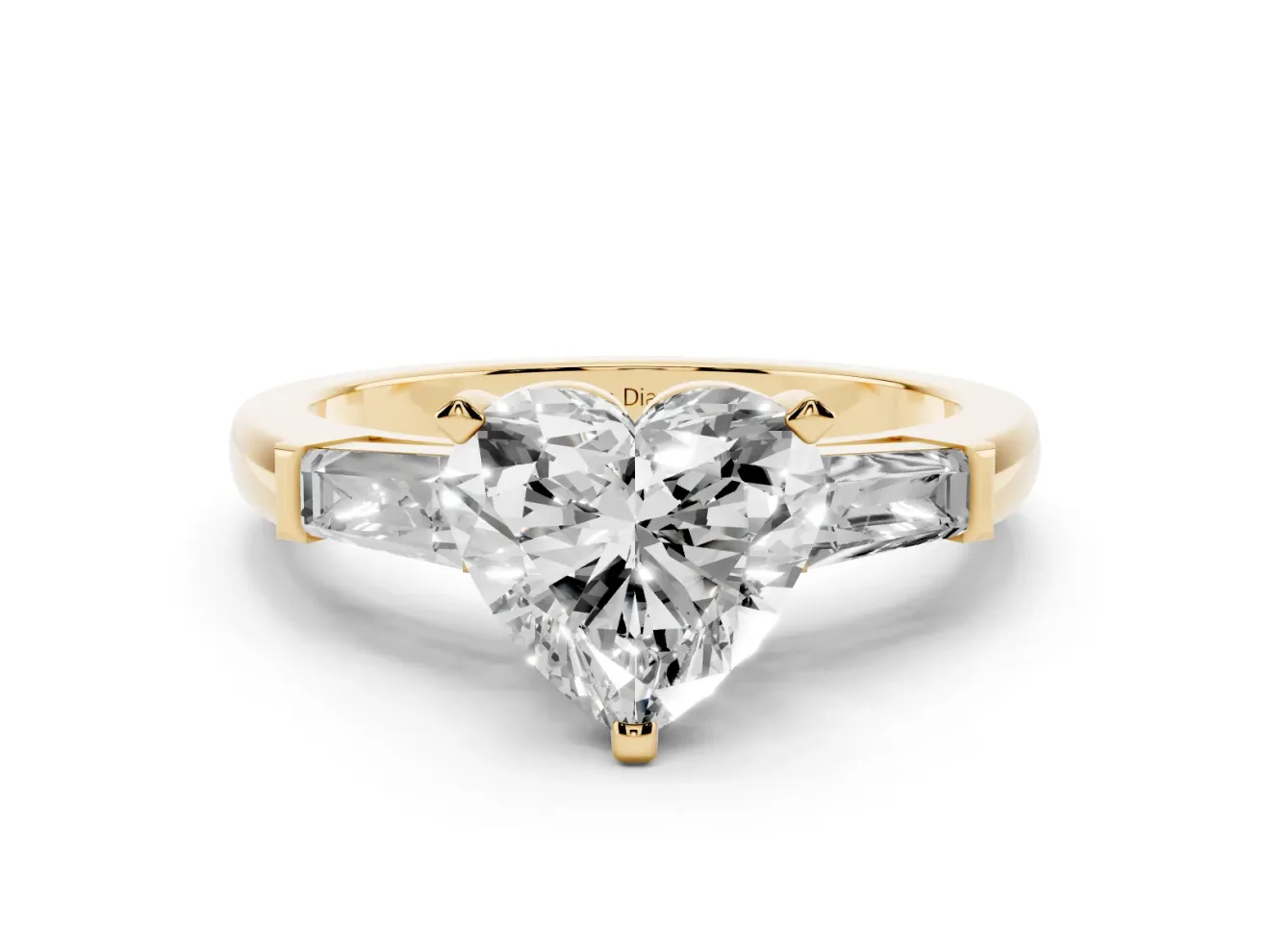 Heart-Shaped Three Stone Engagement Ring Setting | Tapered Baguettes | Yellow Gold