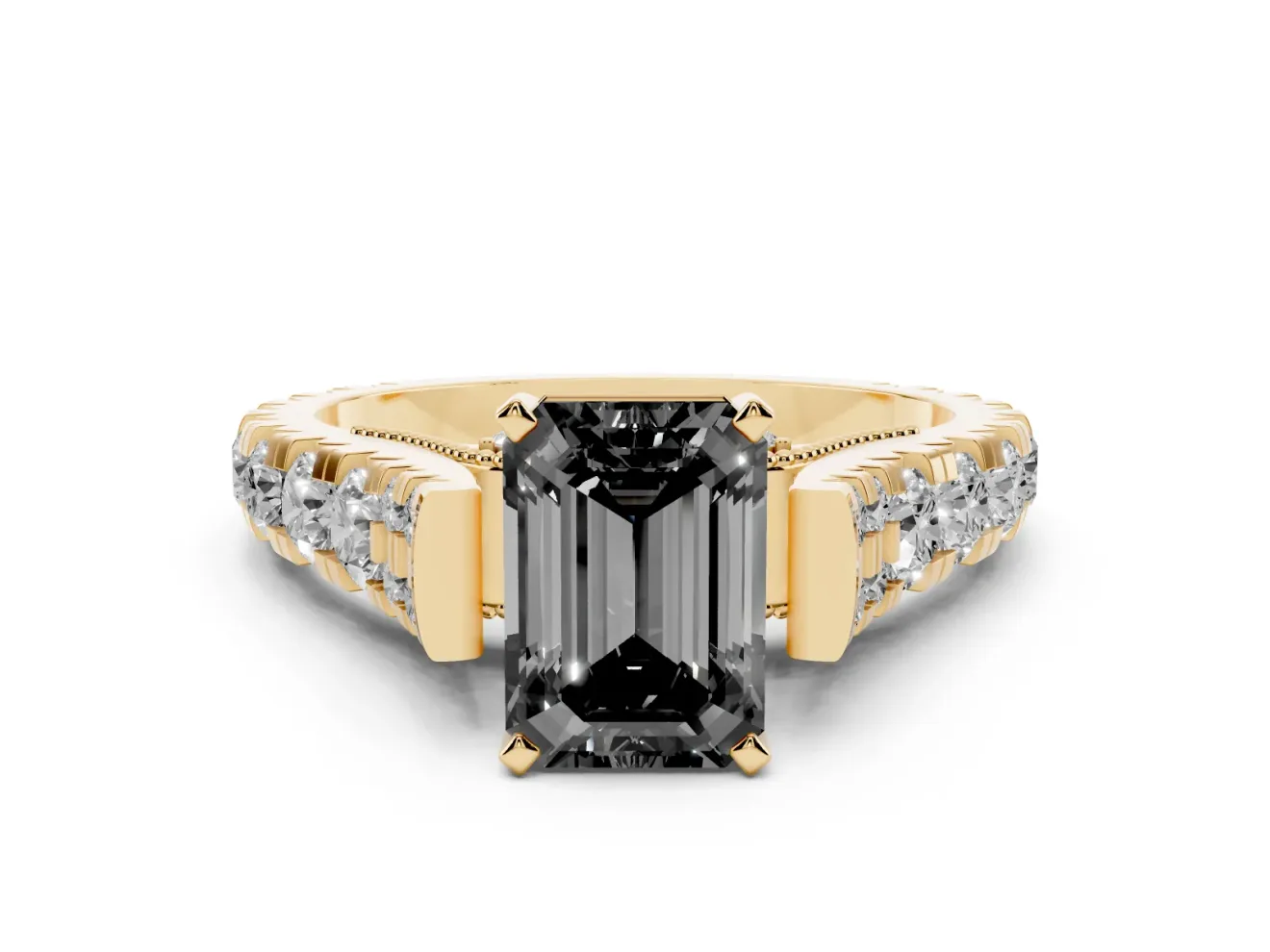 Fancy Black Emerald Cut Diamond Classic Solitaire Ring Set in Yellow gold with Pavé Band and Prong Setting