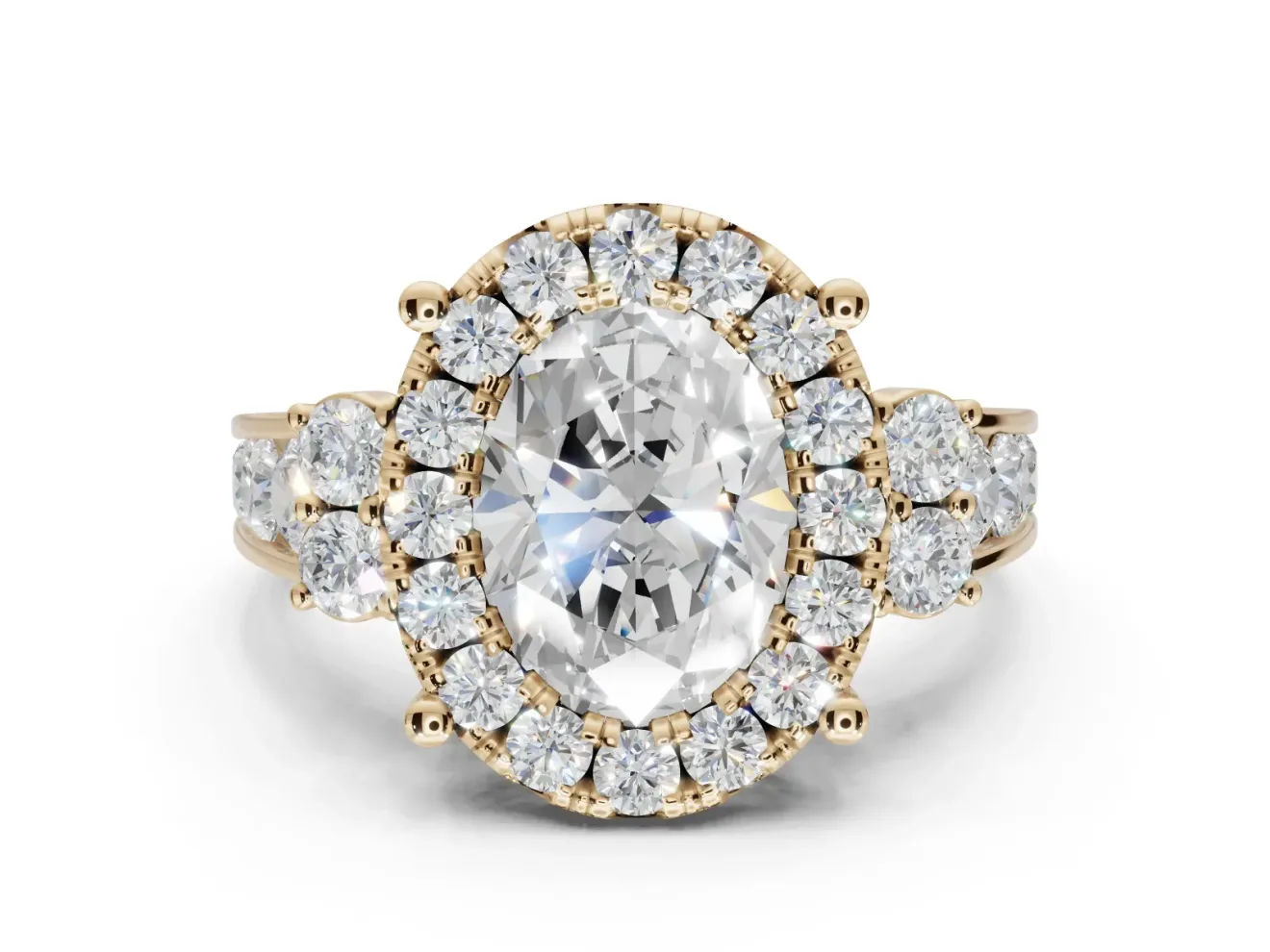 Oval Halo Side Cluster Engagement Ring Setting | Graduated Channel Band | Yellow Gold