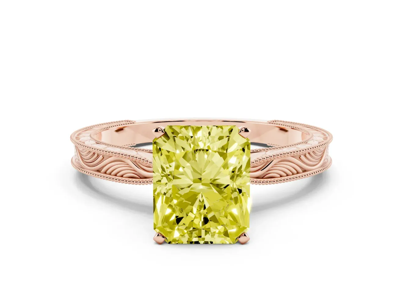 Radiant Cut Engraved Engagement Ring Setting for a Fancy Yellow Lab-Grown Diamond | Rose Gold