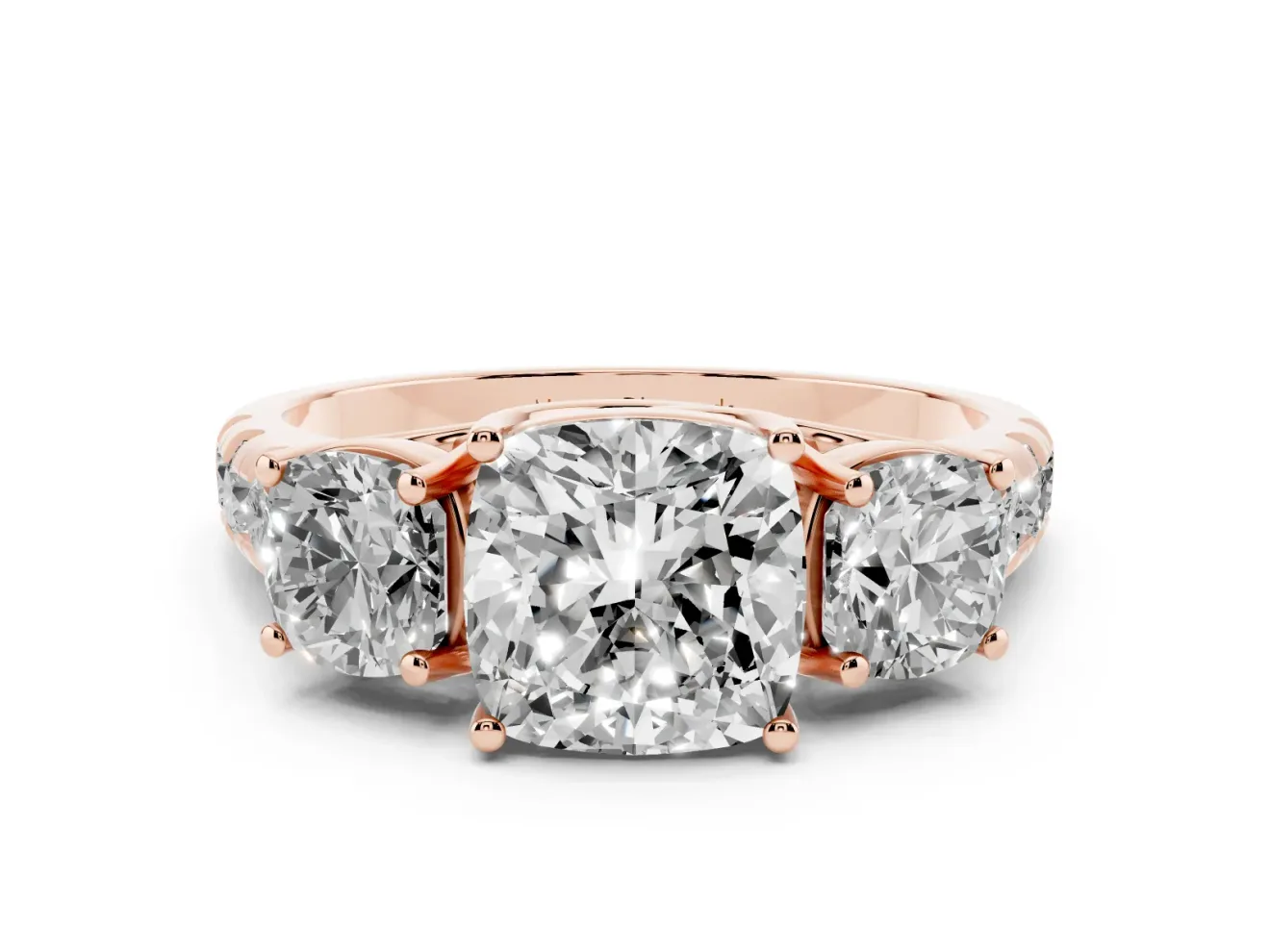 Cushion Cut Three Stone Engagement Ring Setting | Accented Shoulders | Rose Gold