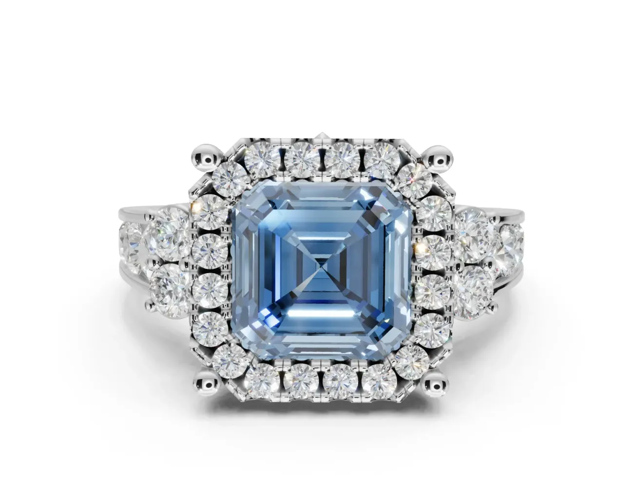 Asscher Cut Halo Engagement Ring Setting for a Fancy Blue Lab-Grown Diamond | Graduated Channel Band | Sterling Silver
