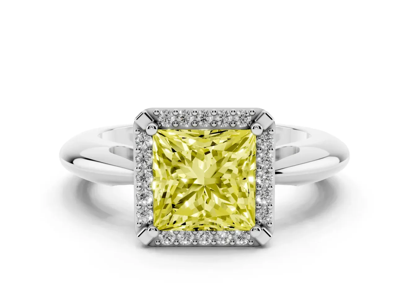 Fancy Yellow Princess Cut Diamond Halo Engagement Ring Set in Silver with Plain Split Shank and Prong Setting