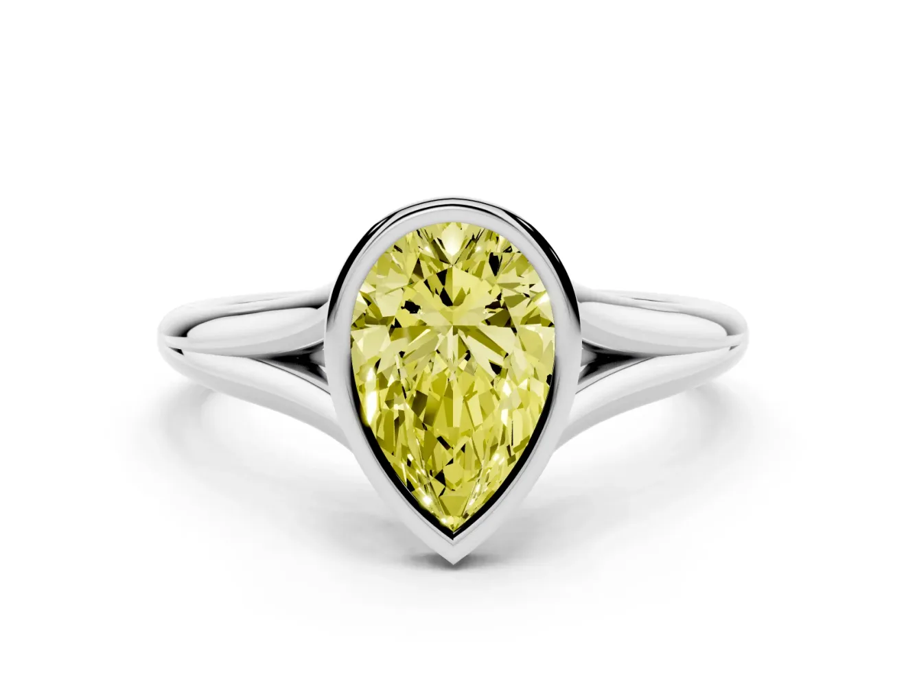 Fancy Yellow Bezel Set Pear Cut Diamond Solitaire Ring Set in Platinum with Tapered Band