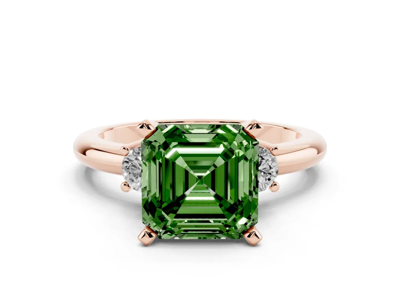 Fancy Green Three-Stone Asscher Cut Diamond Ring Set in Rose gold with Prong Setting and Plain Band