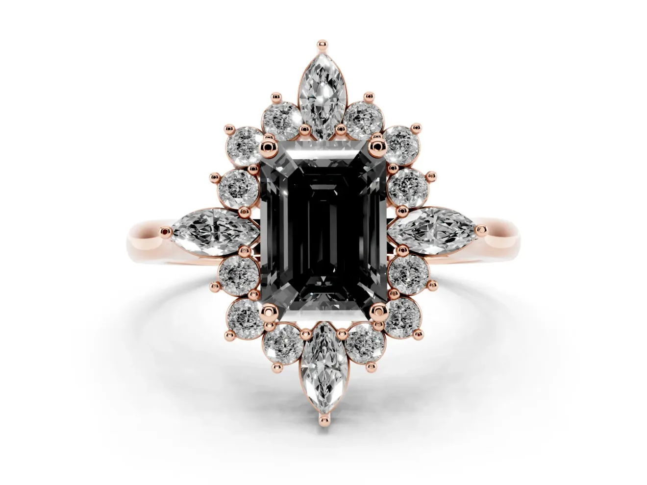 Emerald Cut Cluster Halo Engagement Ring Setting for a Black Center | Rose Gold