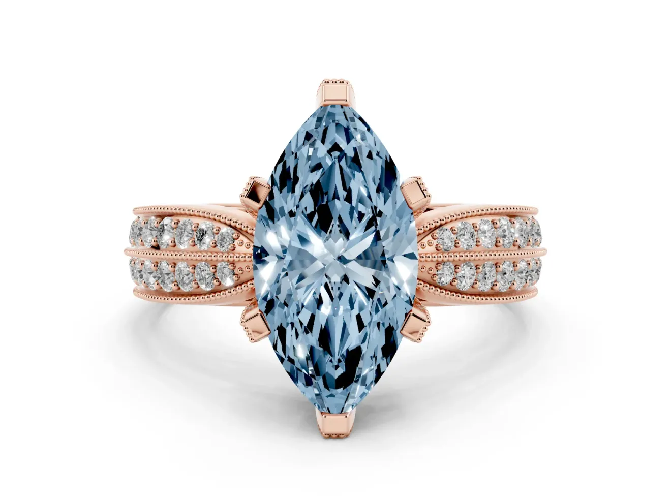 Fancy Blue Marquise Cut Diamond Solitaire Ring Set in Rose gold with Milgrain Double Row Round Pavé Band