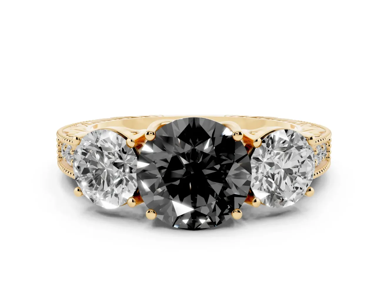 Round Vintage Three Stone Engagement Ring Setting for a Black Center | Yellow Gold