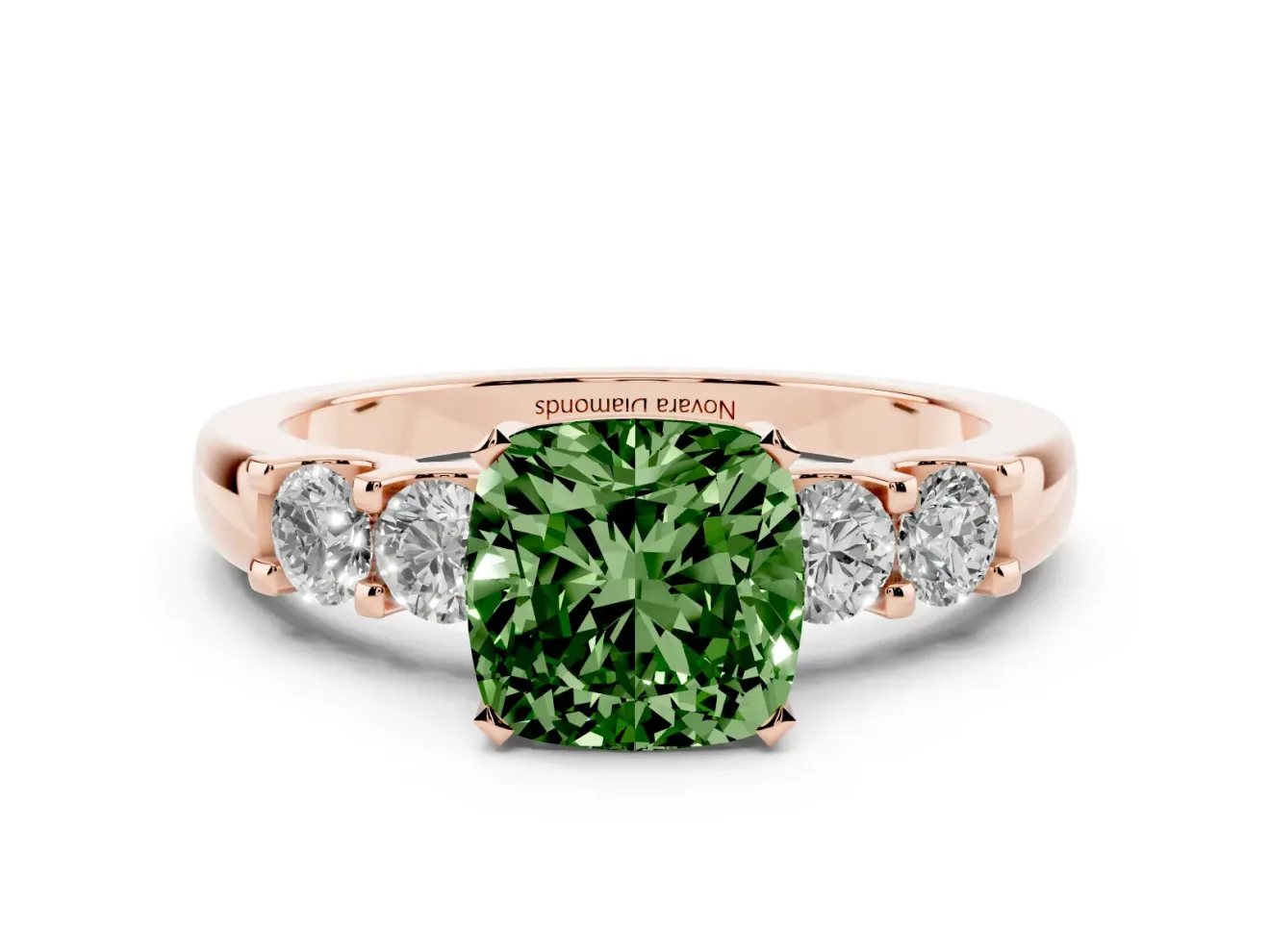 Fancy Green Cushion Cut Diamond Five-Stone Prong Set Engagement Ring Set in Rose gold with Channel Band