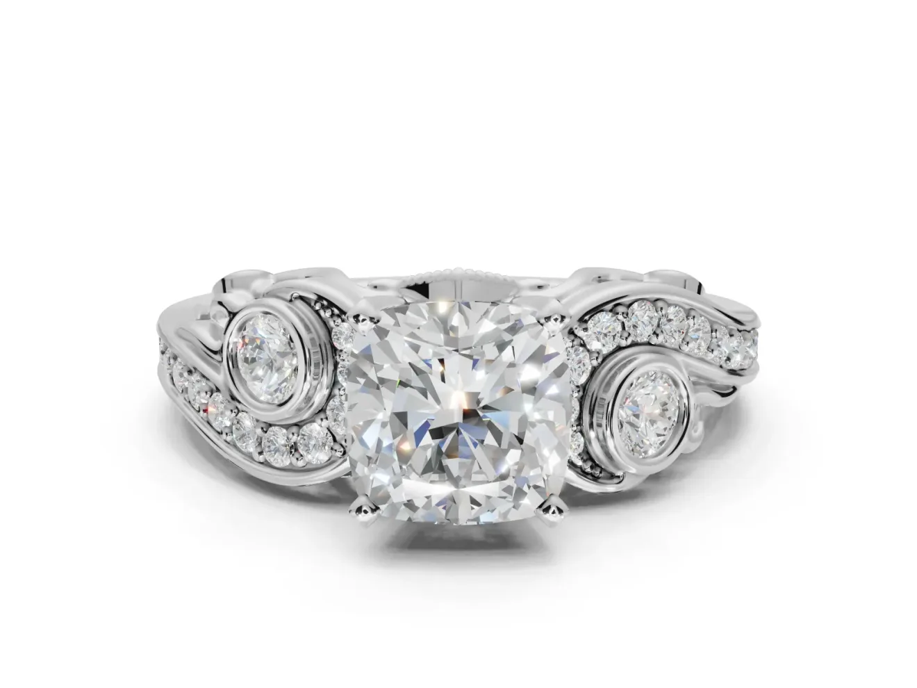Cushion Cut Vintage Swirl Engagement Ring Setting | Bezel Side Accents | Sterling Silver