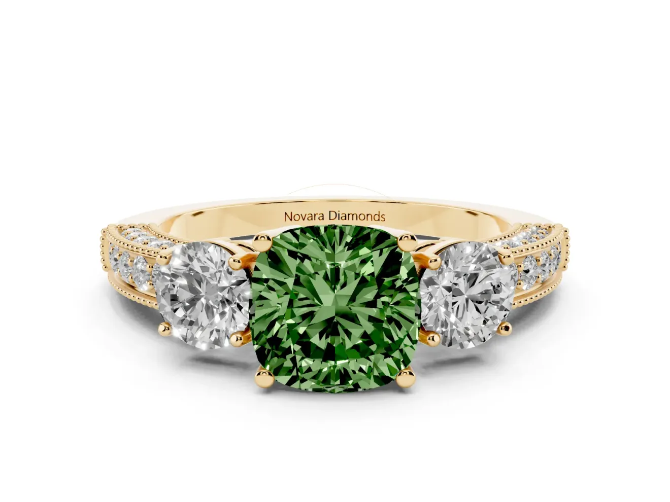 Fancy Green Cushion Cut Diamond Three-Stone Ring Set in Yellow gold with Round Side Stones and Pavé Band