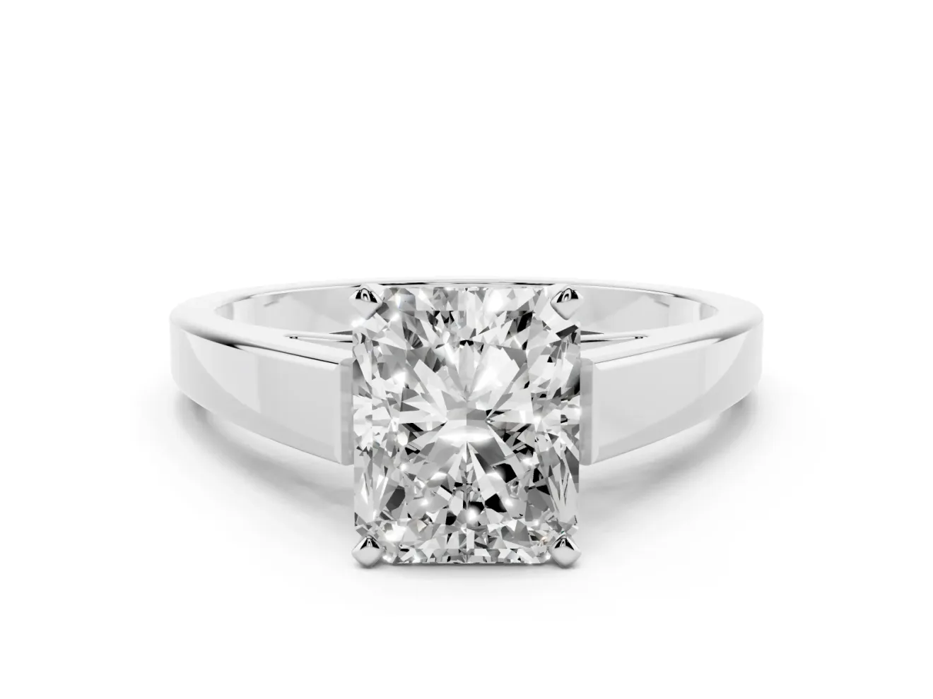 Radiant Cut Diamond Solitaire Engagement Ring Set in White gold with Prong Setting and Tapered Band