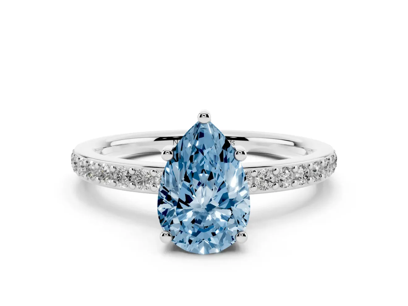 Fancy Blue Pear Cut Diamond Pavé Band Ring Set in Silver with Prong-Set Center Stone