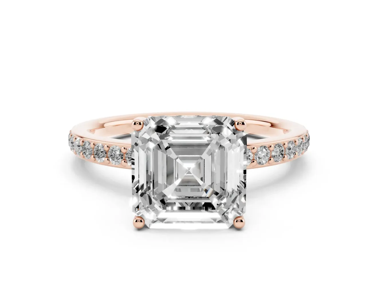 Asscher Cut Diamond Pavé Band Ring Set in Rose gold with Prong-Set Center Stone