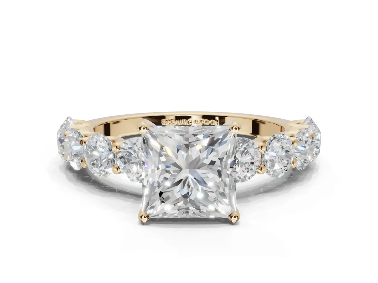 Princess Cut Side Stone Engagement Ring Setting | Scalloped Prong Accents | Yellow Gold