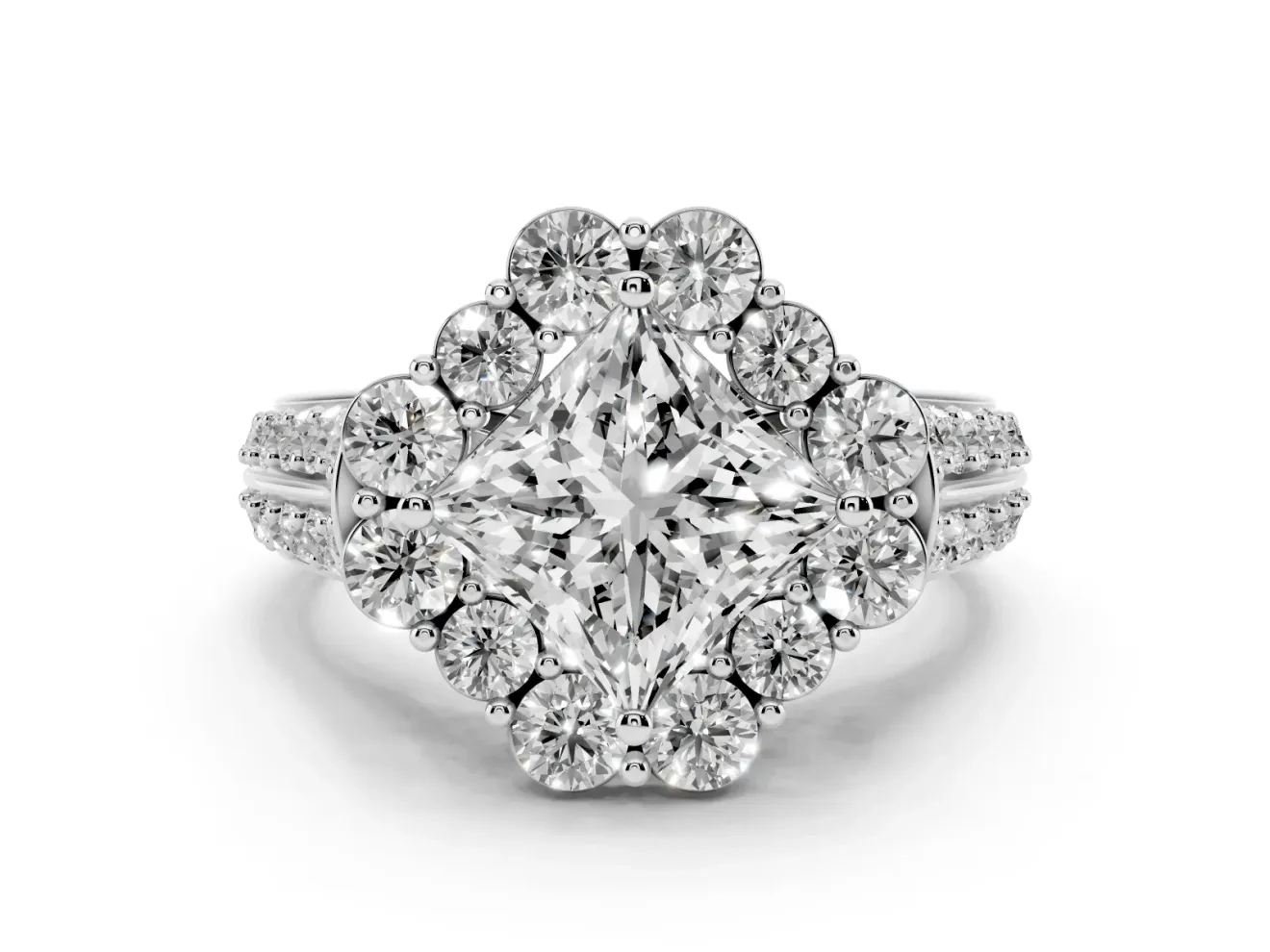 Princess Cut Large Accent Halo Engagement Ring Setting | Graduated Pavé | White Gold