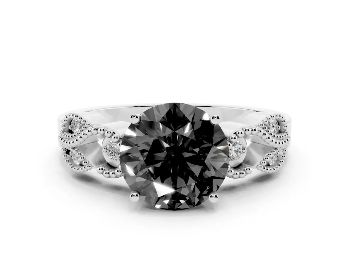 Round Vintage Leaf Solitaire Engagement Ring Setting for a Black Center | Milgrain Edges | Platinum
