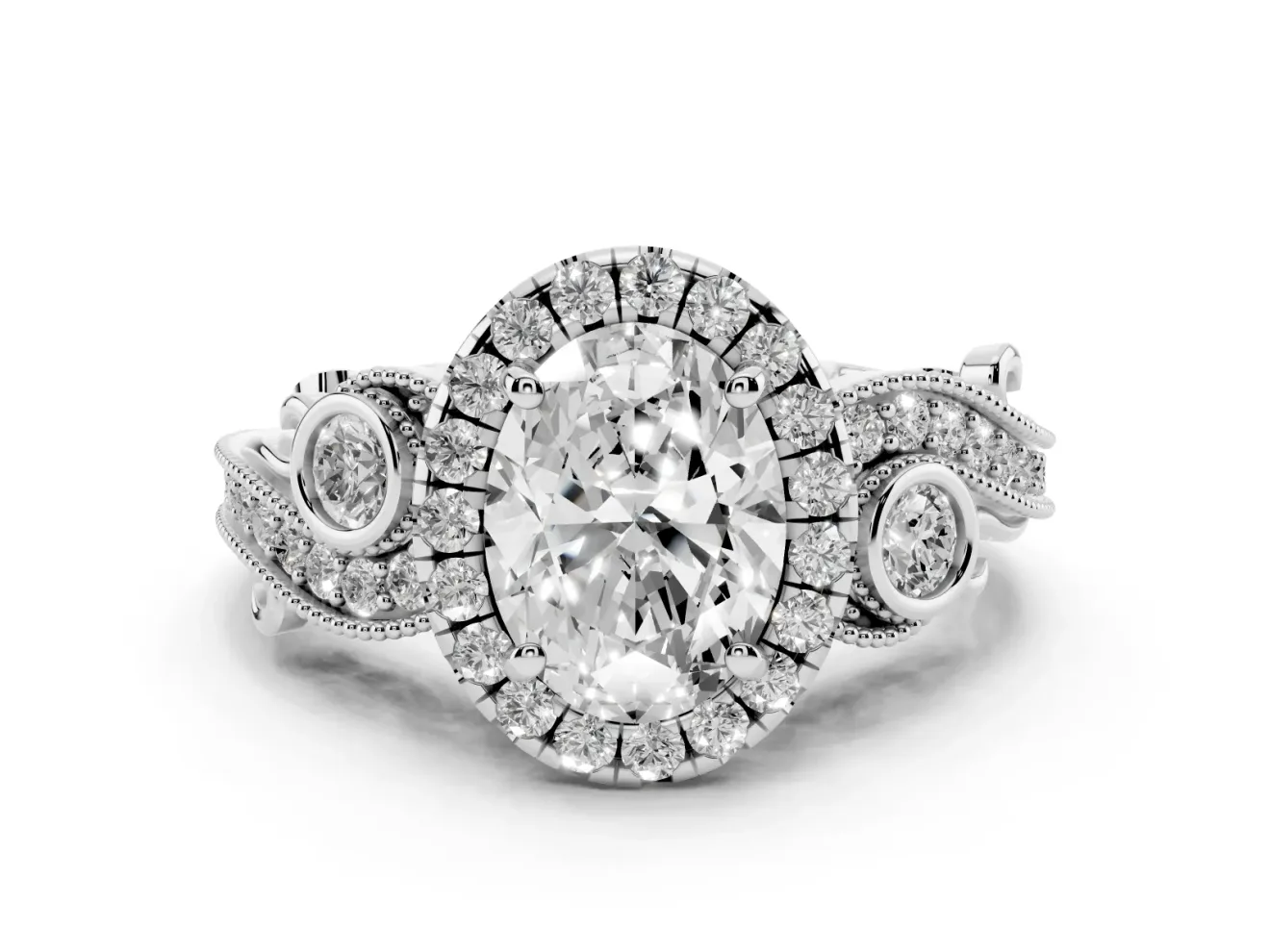 Oval Vintage Milgrain Halo Engagement Ring Setting | Bezel Shoulder Accents | Platinum