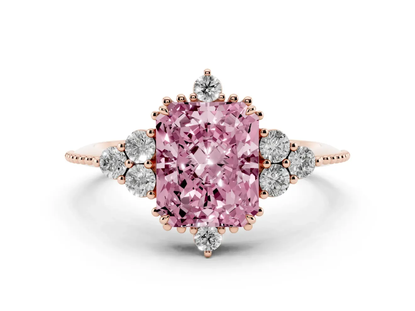 Fancy Pink Radiant Cut Diamond Cluster Ring Set in Rose gold with Beaded Band