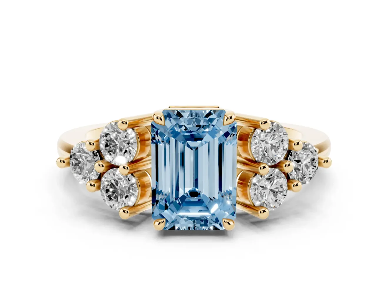 Fancy Blue Emerald Cut Diamond Solitaire Ring Set in Yellow gold with Cluster Accents on Each Side